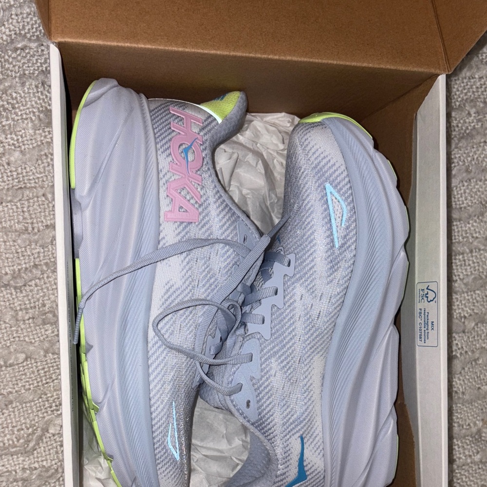 Hoka Athletic Shoes in Light Gray and Neon Accents